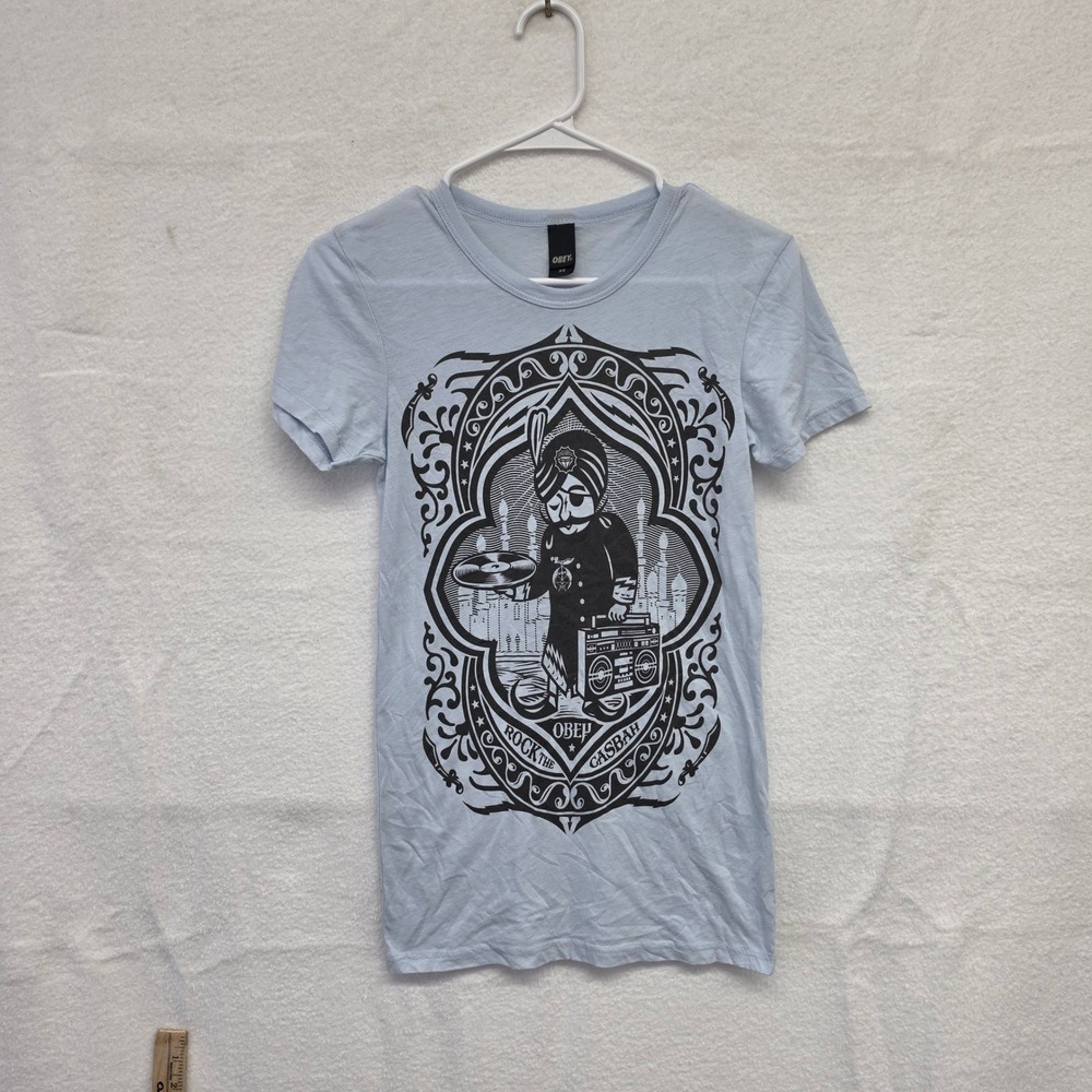Obey Rock the Casbah Graphic T-Shirt Light Blue XS Streetwear Boombox Tee